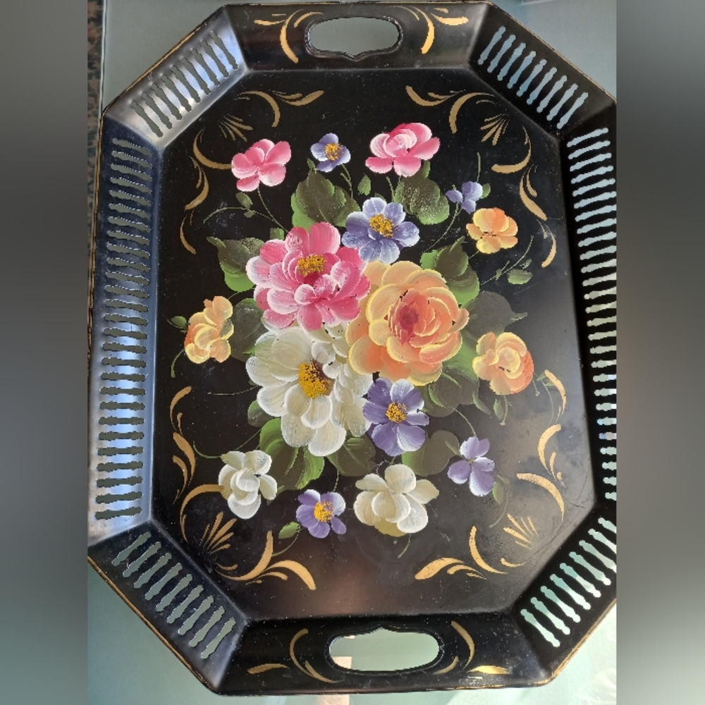Vintage large colorful black floral toleware tray